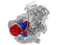 Corte detallado de un motor de moto automática, mostrando el embrague rojo y el engranaje azul.