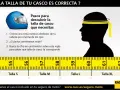 Guía visual para elegir las tallas de casco de moto correctas. Muestra cómo medir tu cabeza con una cinta métrica y una regla de tallas.