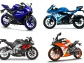 Cuatro motos deportivas: Yamaha azul, Suzuki azul, Aprilia negra y naranja KTM RC 125 marchas.