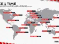 Mapa mundial con el horario superbike de la Race 1 del Pirelli Emilia Romagna Round, mostrando horas locales en varias ciudades.