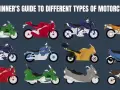 Guía para principiantes sobre diferentes estilos de motos: deportivas rojas, touring verdes, custom azules, y más.