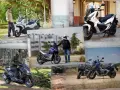 Variedad de scooters crossover en diferentes entornos: urbano, naturaleza y costa.