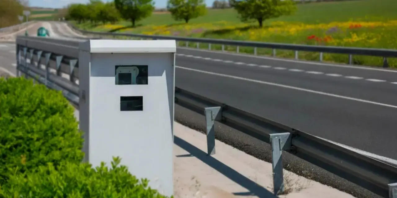 Caja blanca de nuevos radares DGT junto a una carretera con guardarraíl y campo verde al fondo.