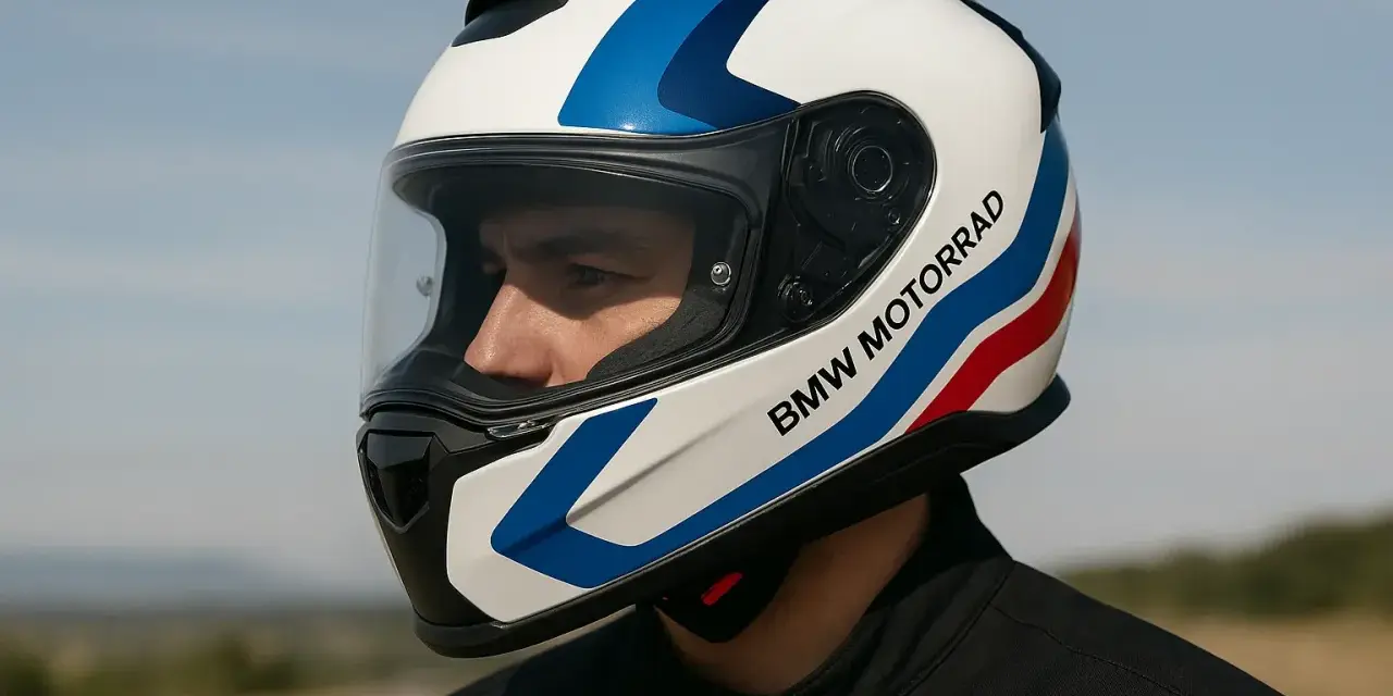 Casco de moto BMW Motorrad con diseño tricolor, listo para rodar con los modelos de motos BMW.