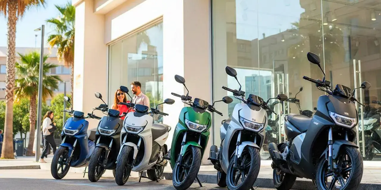 Pareja sonriente junto a varias motos eléctricas modernas, ideales para un plan renove moto.