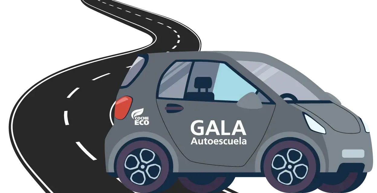 Coche gris de autoescuela GALA en una carretera sinuosa. ¡Pronto tendrás tu permiso AM que puedes conducir!