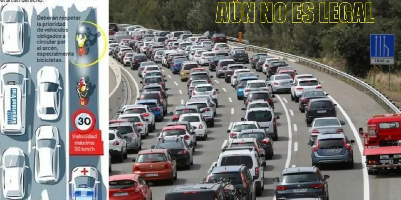 Un atasco kilométrico en la autopista. La imagen muestra que circular en moto por el arcén aún no es legal, a pesar de la tentación de esquivar el tráfico.
