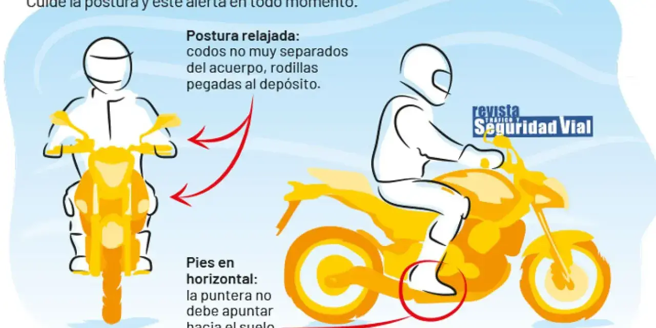 Ilustración de dos motoristas y consejos para una conducción segura en moto: postura relajada y pies horizontales.