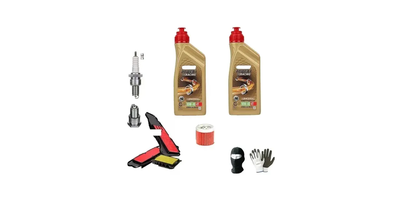 Aceite Honda Forza 125 y repuestos: bujías, filtros de aire y aceite, pasamontañas y guantes.