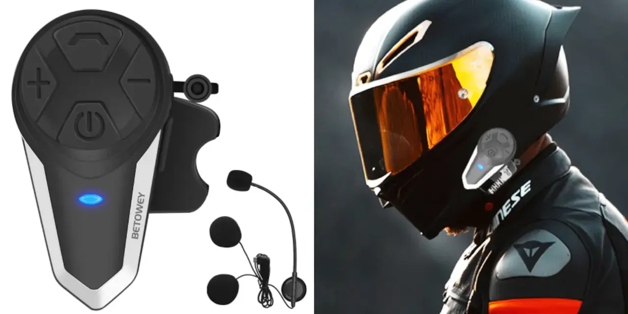 Guía visual para saber como poner intercomunicador en casco de moto. Dispositivo y casco con visor naranja.