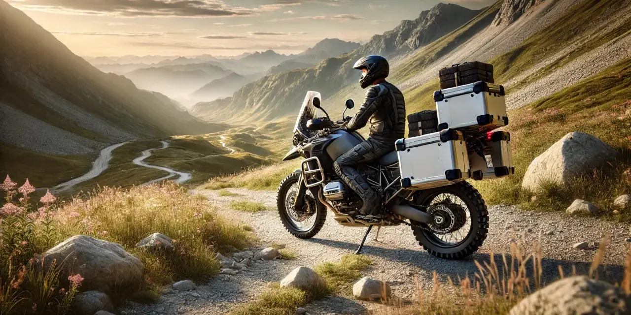 Motociclista en un trail baja cilindrada, con alforjas, recorriendo un camino sinuoso entre montañas al atardecer.