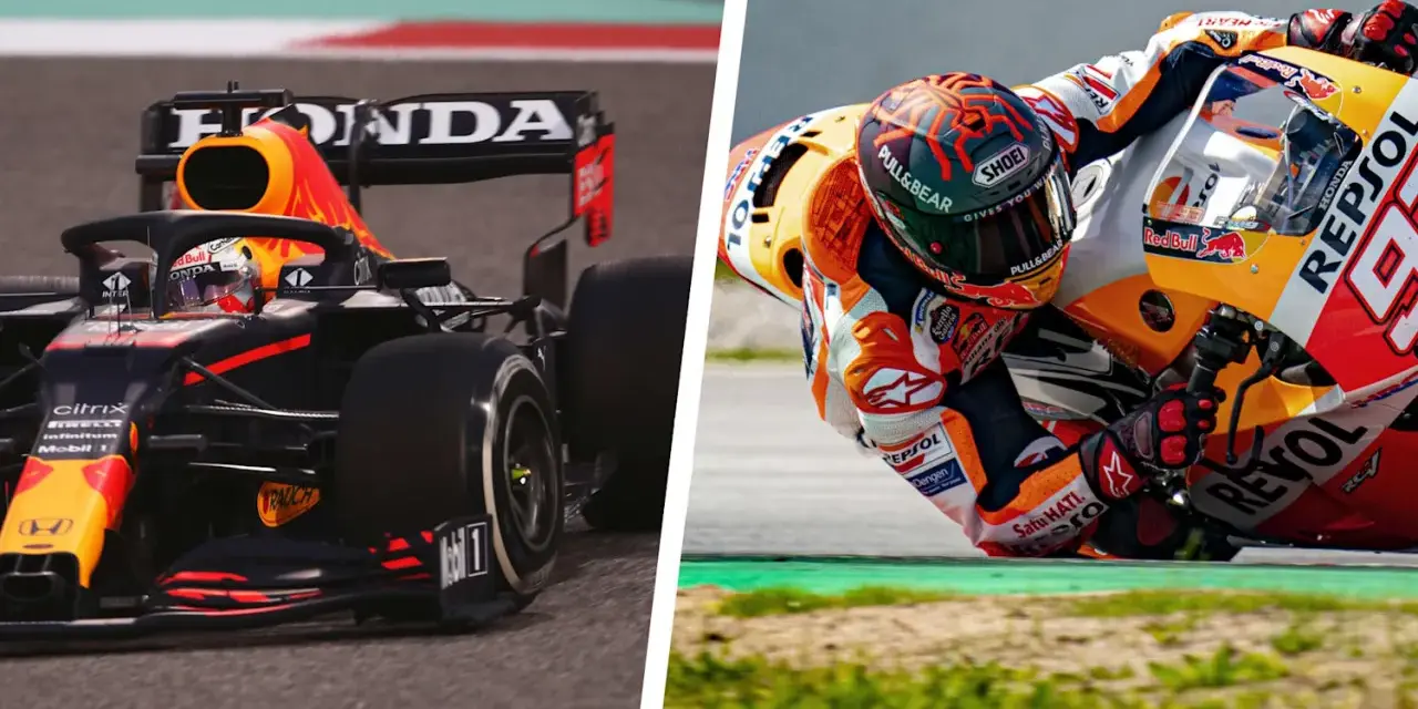 Un coche de F1 y una moto de MotoGP compiten en la pista. La velocidad y la adrenalina de F1 vs MotoGP.