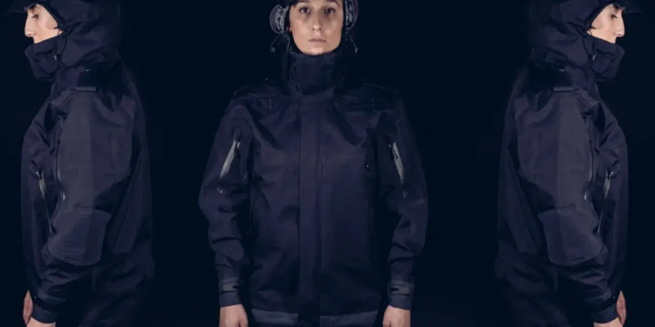 Tres vistas de una mujer con una chaqueta moto miline negra, con capucha y detalles técnicos.