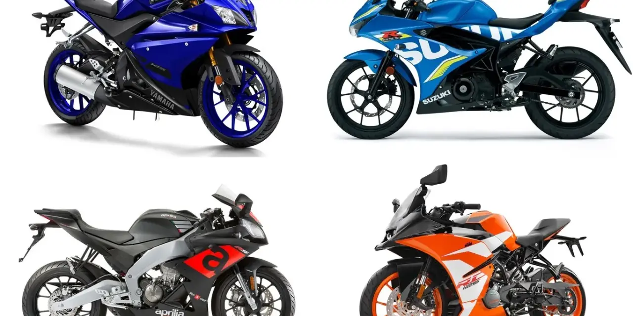 Cuatro motos deportivas: Yamaha azul, Suzuki azul, Aprilia negra y naranja KTM RC 125 marchas.