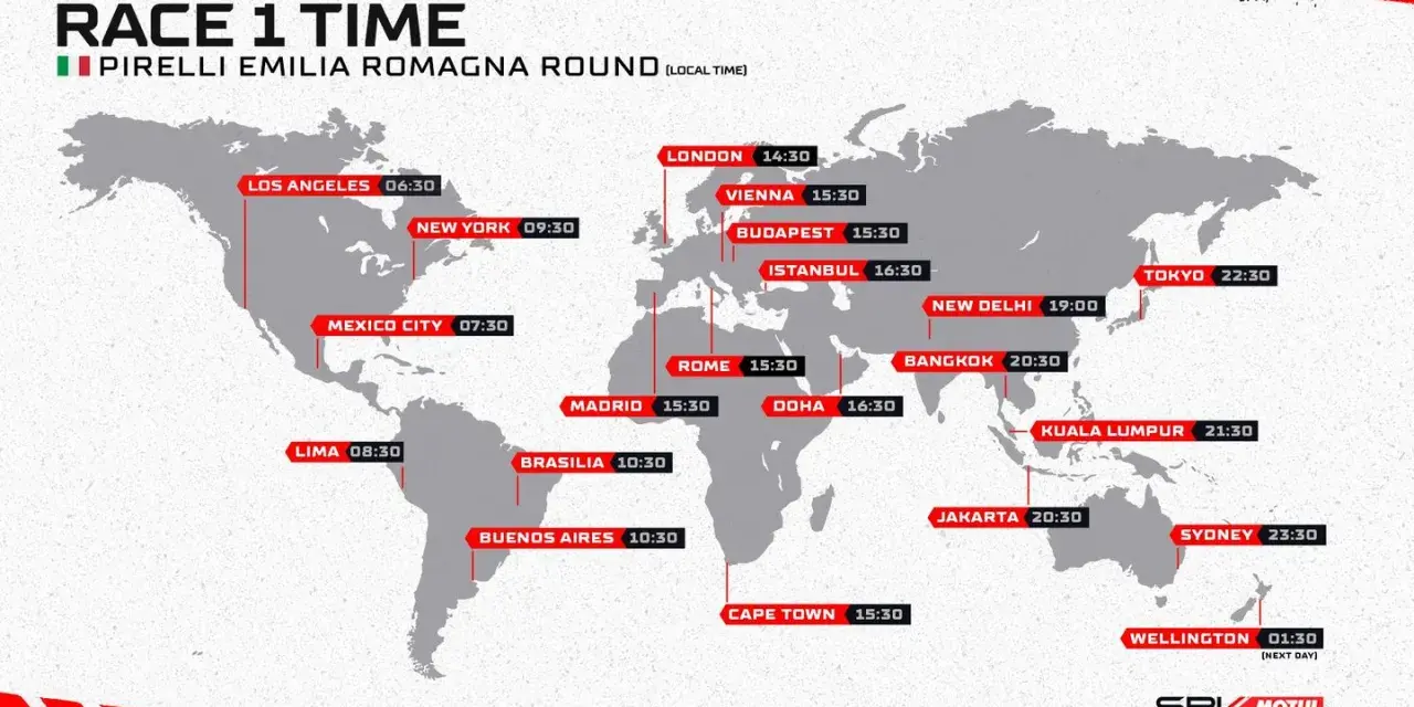 Mapa mundial con el horario superbike de la Race 1 del Pirelli Emilia Romagna Round, mostrando horas locales en varias ciudades.