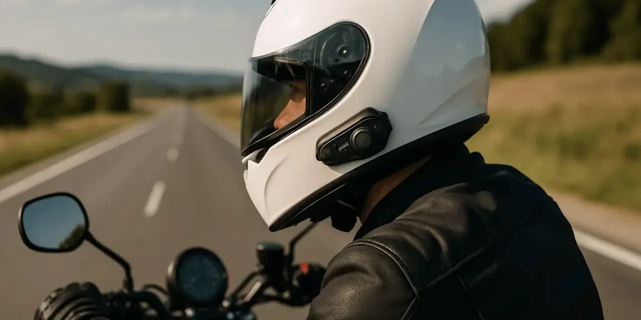 Motociclista con casco blanco y un intercomunicador moto legal, disfrutando de un viaje por carretera.