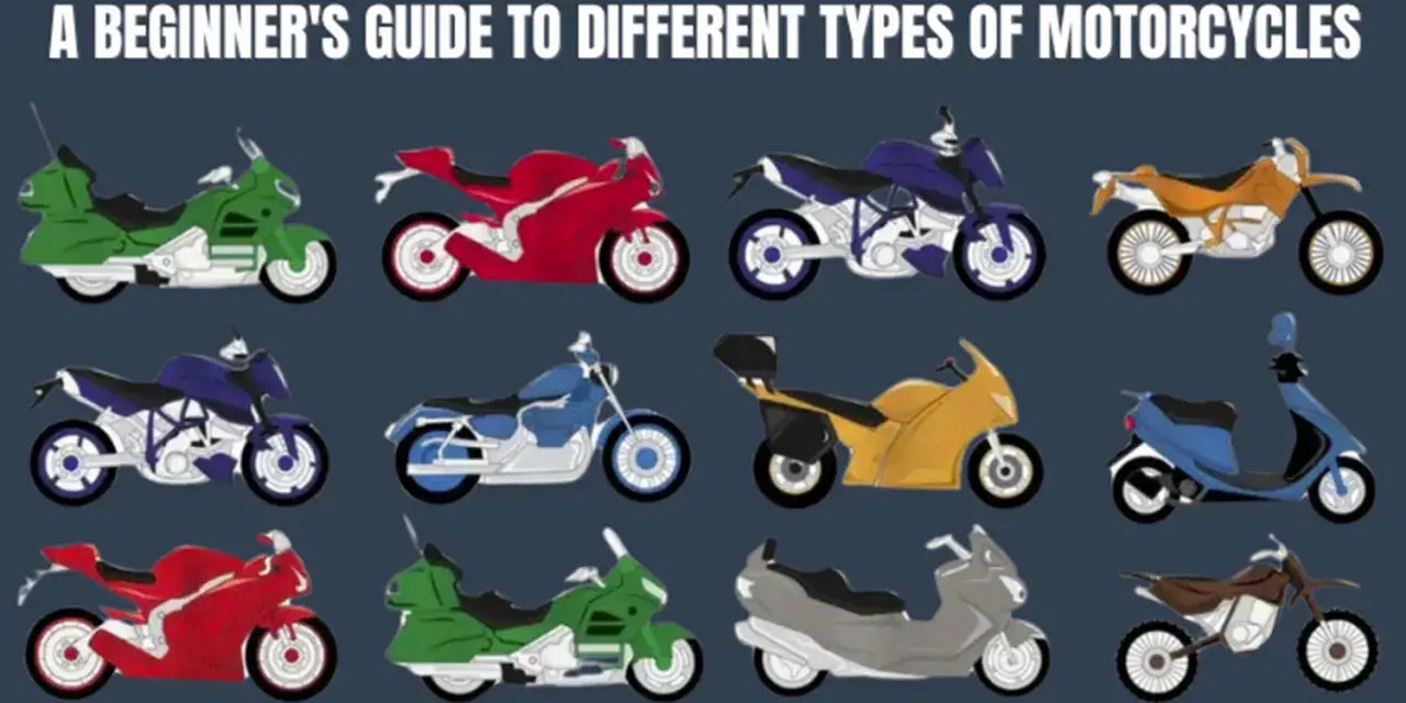 Guía para principiantes sobre diferentes estilos de motos: deportivas rojas, touring verdes, custom azules, y más.