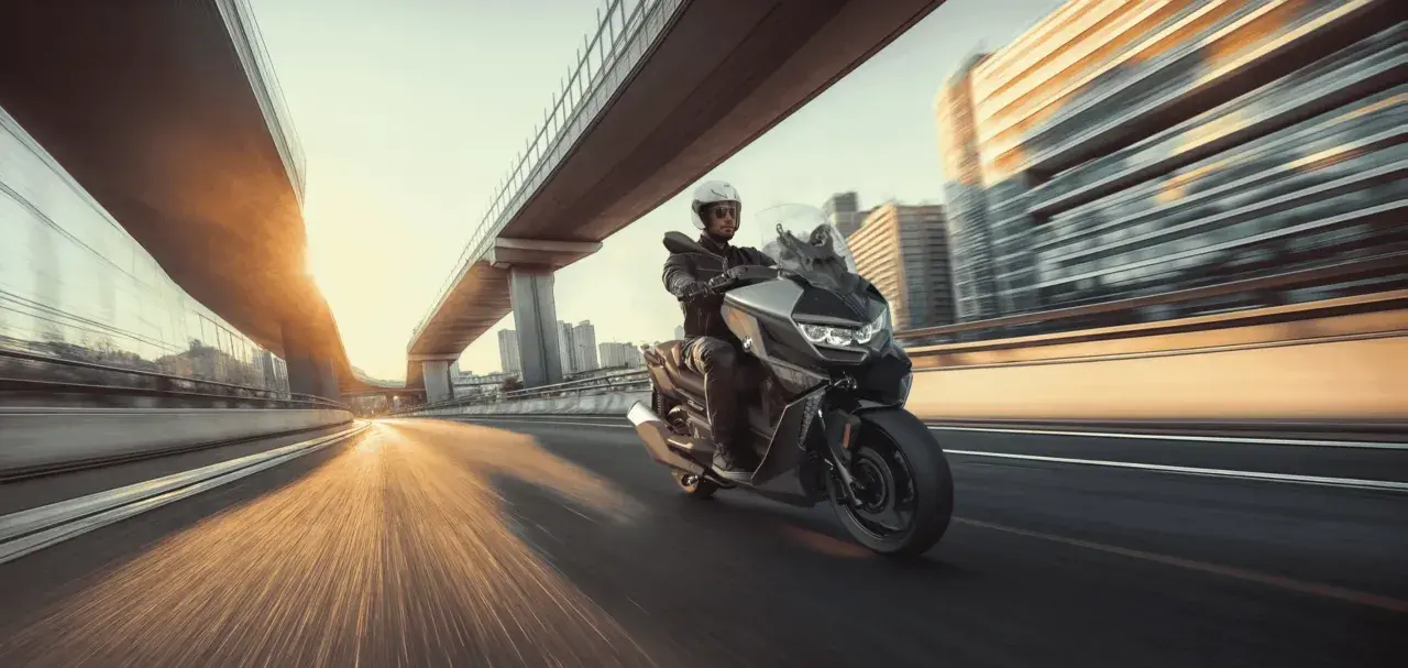 Hombre en moto moderna, ideal para **motos para principiantes**, circulando por una autopista urbana al atardecer.