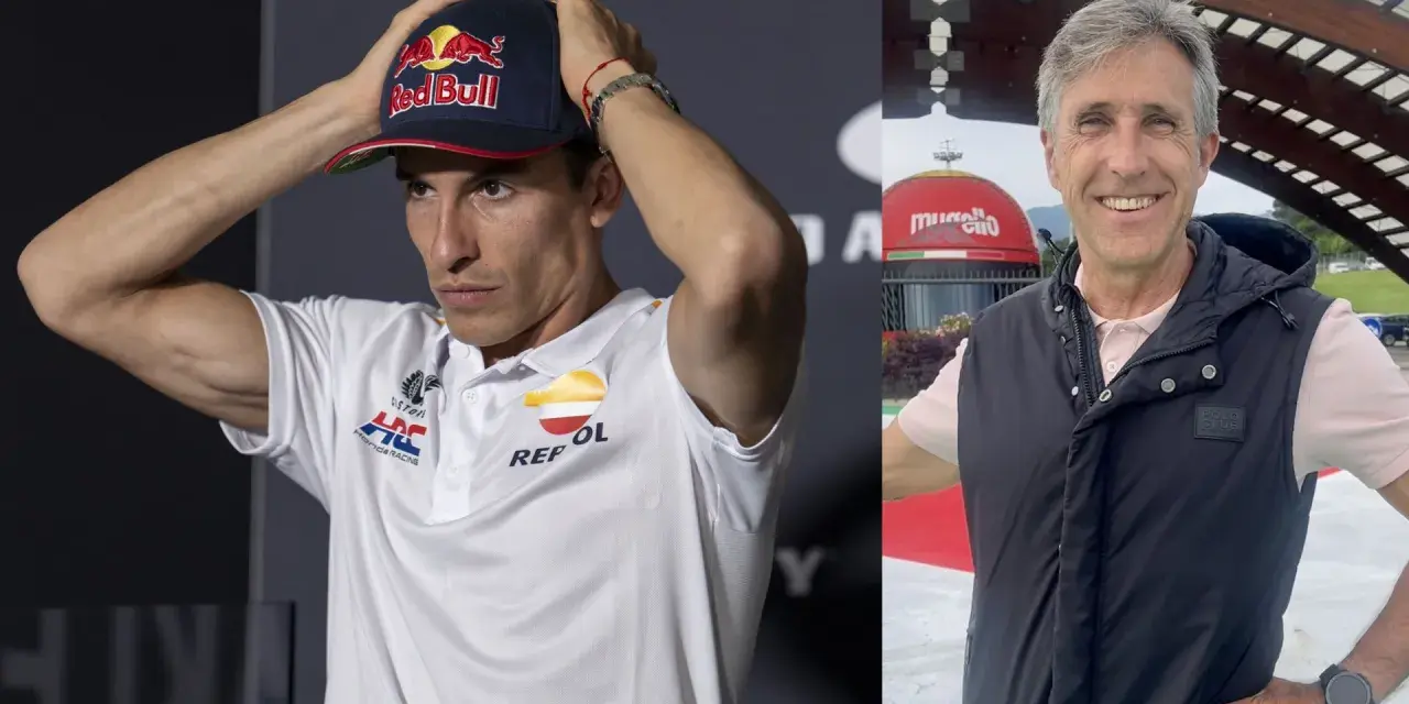 Marc Márquez con gorra Red Bull y un hombre sonriente, quizás Ricard Jove, con chaleco negro.
