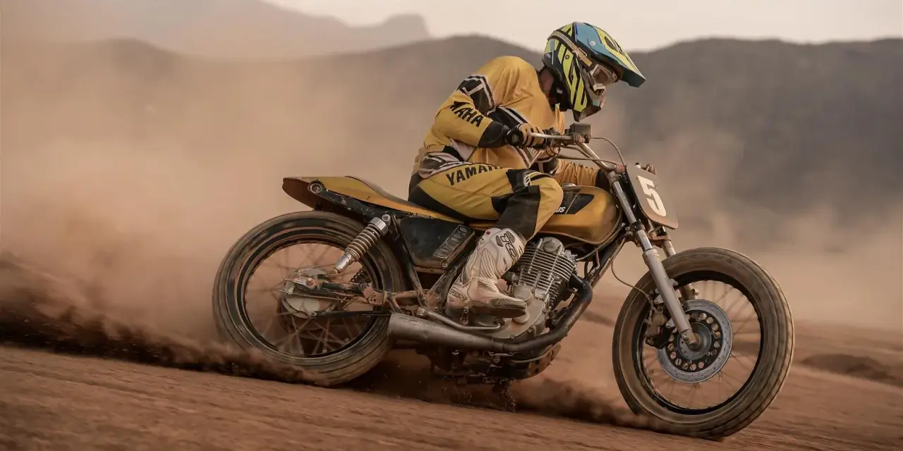 Piloto con casco y traje amarillo compite en una moto por una **dirt track**, levantando polvo en un paisaje desértico.