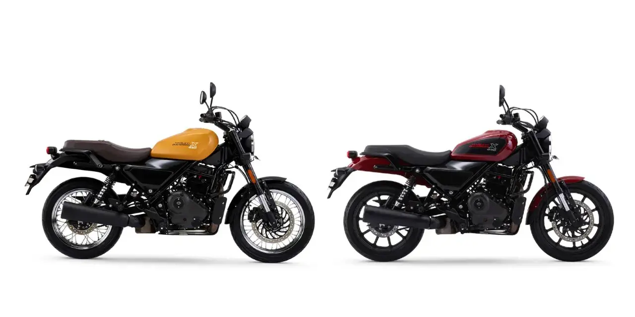 Dos motos Harley-Davidson x440, una amarilla y otra roja, posan sobre fondo blanco.
