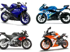 Cuatro motos deportivas: Yamaha azul, Suzuki azul, Aprilia negra y naranja KTM RC 125 marchas.