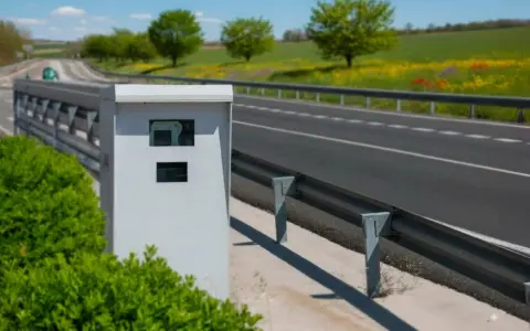 Caja blanca de nuevos radares DGT junto a una carretera con guardarraíl y campo verde al fondo.