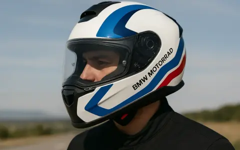 Casco de moto BMW Motorrad con diseño tricolor, listo para rodar con los modelos de motos BMW.