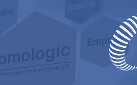 Logo "omologic" con texto "homologación & marcado CE". Fondo azul con hexágonos que dicen "Empatía", "Ilusión" y "Empu".