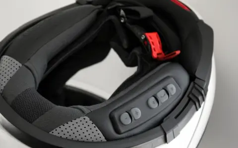 Detalle del interior de un casco modular, mostrando el proceso para instalar intercomunicador. Botones de control visibles.