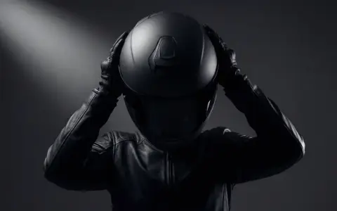 Persona con casco negro y chaqueta de cuero, lista para la carretera. ¿Shoei vs Arai? La elección es tuya.