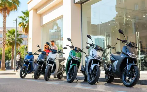 Pareja sonriente junto a varias motos eléctricas modernas, ideales para un plan renove moto.