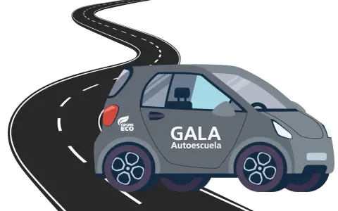 Coche gris de autoescuela GALA en una carretera sinuosa. ¡Pronto tendrás tu permiso AM que puedes conducir!