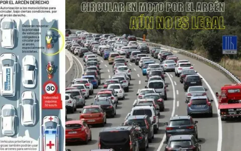 Un atasco kilométrico en la autopista. La imagen muestra que circular en moto por el arcén aún no es legal, a pesar de la tentación de esquivar el tráfico.