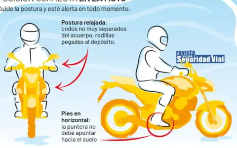 Ilustración de dos motoristas y consejos para una conducción segura en moto: postura relajada y pies horizontales.