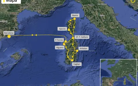 Ruta en moto por Cerdeña, partiendo de Barcelona, recorriendo la isla y regresando.