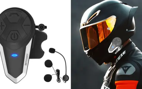 Guía visual para saber como poner intercomunicador en casco de moto. Dispositivo y casco con visor naranja.