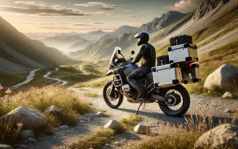Motociclista en un trail baja cilindrada, con alforjas, recorriendo un camino sinuoso entre montañas al atardecer.