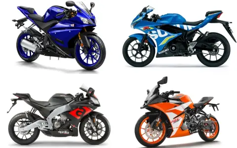 Cuatro motos deportivas: Yamaha azul, Suzuki azul, Aprilia negra y naranja KTM RC 125 marchas.