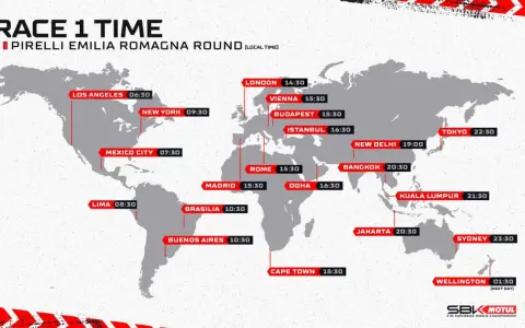 Mapa mundial con el horario superbike de la Race 1 del Pirelli Emilia Romagna Round, mostrando horas locales en varias ciudades.