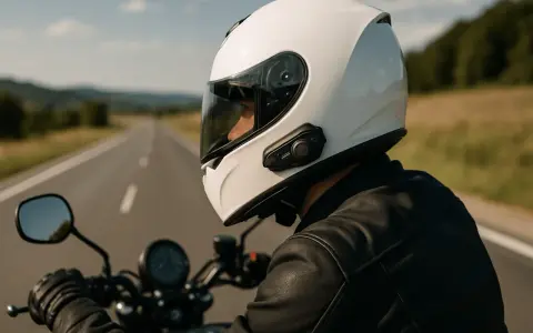 Motociclista con casco blanco y un intercomunicador moto legal, disfrutando de un viaje por carretera.