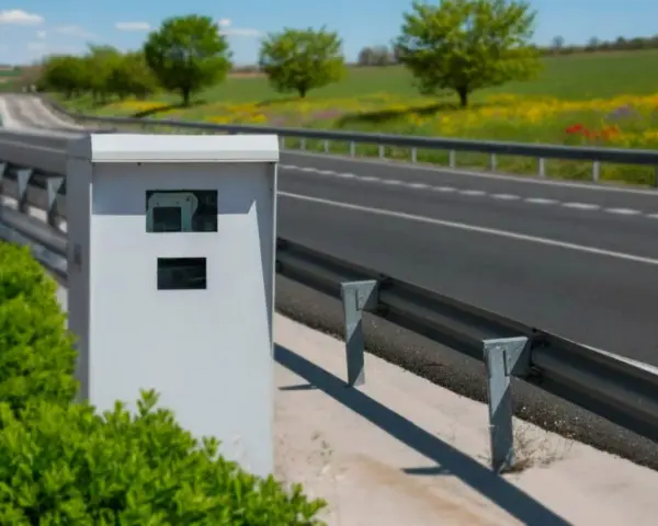 Caja blanca de nuevos radares DGT junto a una carretera con guardarraíl y campo verde al fondo.