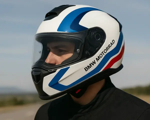 Casco de moto BMW Motorrad con diseño tricolor, listo para rodar con los modelos de motos BMW.