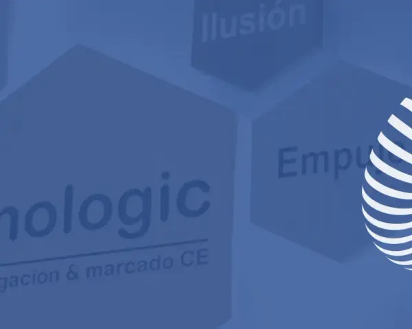 Logo "omologic" con texto "homologación & marcado CE". Fondo azul con hexágonos que dicen "Empatía", "Ilusión" y "Empu".