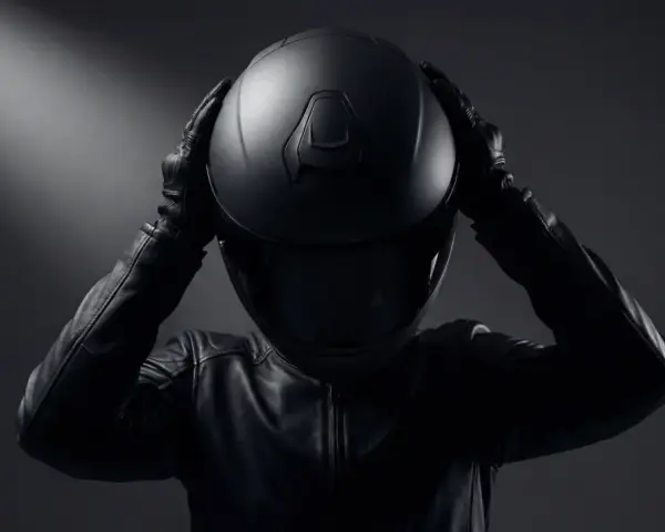 Persona con casco negro y chaqueta de cuero, lista para la carretera. ¿Shoei vs Arai? La elección es tuya.