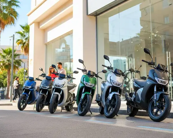 Pareja sonriente junto a varias motos eléctricas modernas, ideales para un plan renove moto.