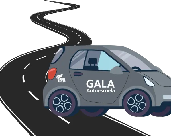 Coche gris de autoescuela GALA en una carretera sinuosa. ¡Pronto tendrás tu permiso AM que puedes conducir!
