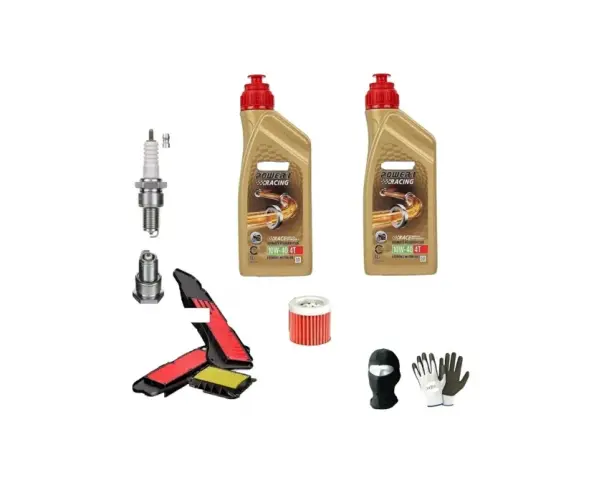 Aceite Honda Forza 125 y repuestos: bujías, filtros de aire y aceite, pasamontañas y guantes.