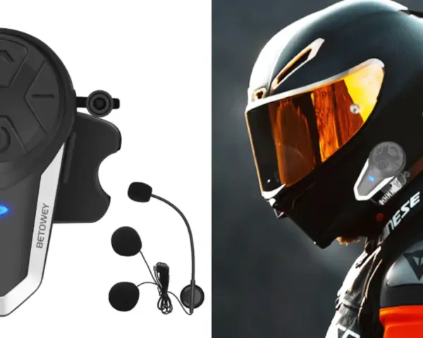 Guía visual para saber como poner intercomunicador en casco de moto. Dispositivo y casco con visor naranja.