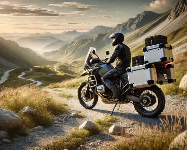 Motociclista en un trail baja cilindrada, con alforjas, recorriendo un camino sinuoso entre montañas al atardecer.